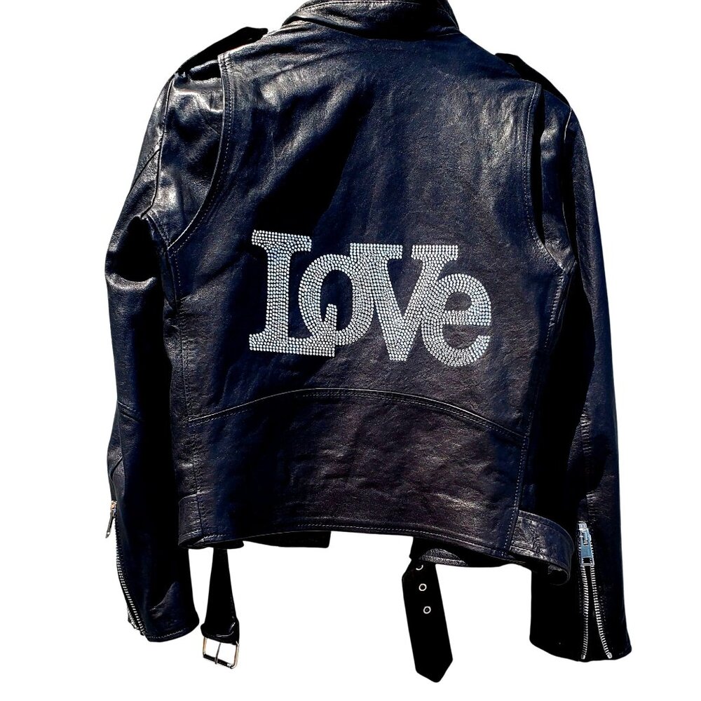 Hipchik Couture Rhinestone Crystal Love Black Lambskin Leather Jacket S M Moto